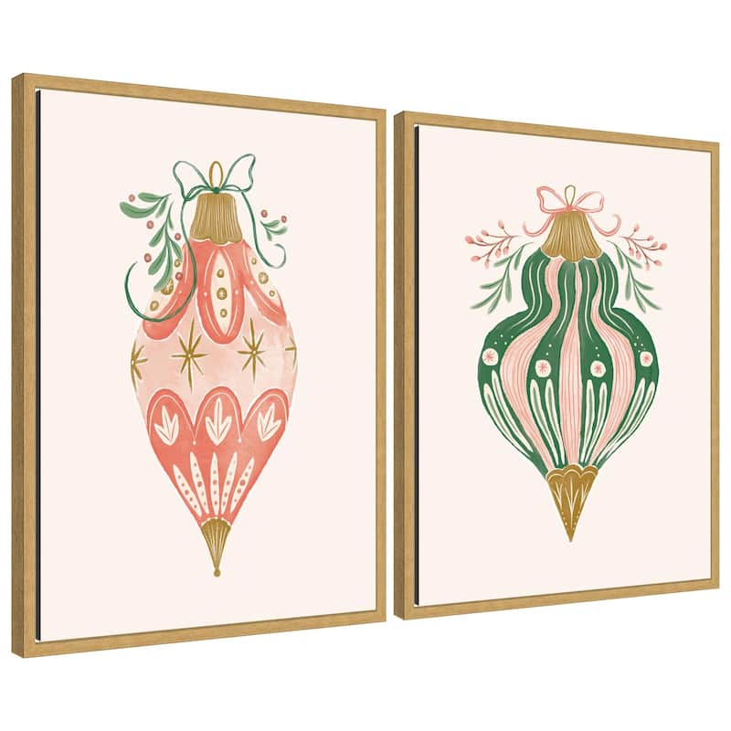 Kate and Laurel Sylvie Holiday Ornament Collection - 2 Piece Framed Canvas Art Set by Jill Labieniec - Yellow