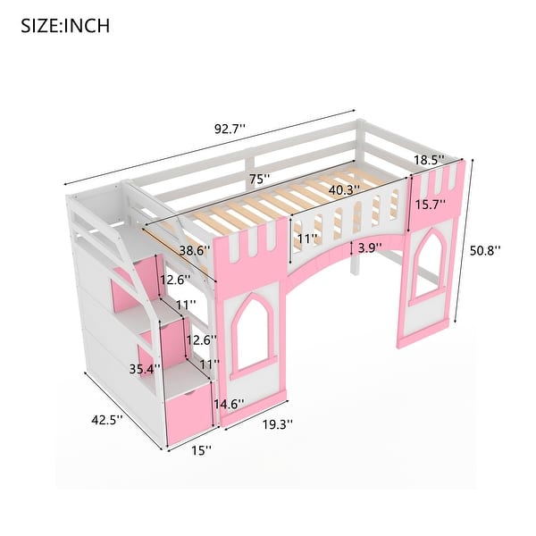 Twin Size Low Loft Bed with Storage Staircase, Wood Loft Bed Frame with Full-Length Guardrails & Window, for Kids Teens, Pink