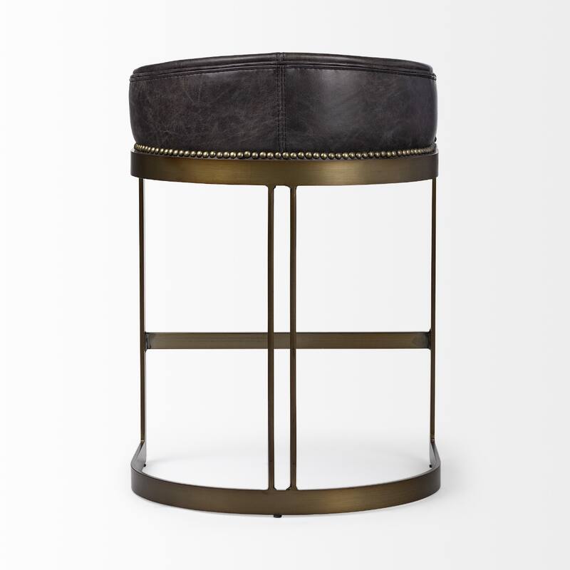 29" Black Genuine Leather Bar Stool with Gold Metal Frame, Footrest, and Contemporary Low Back Design - 29”H x 19.75”W x 20.5”D