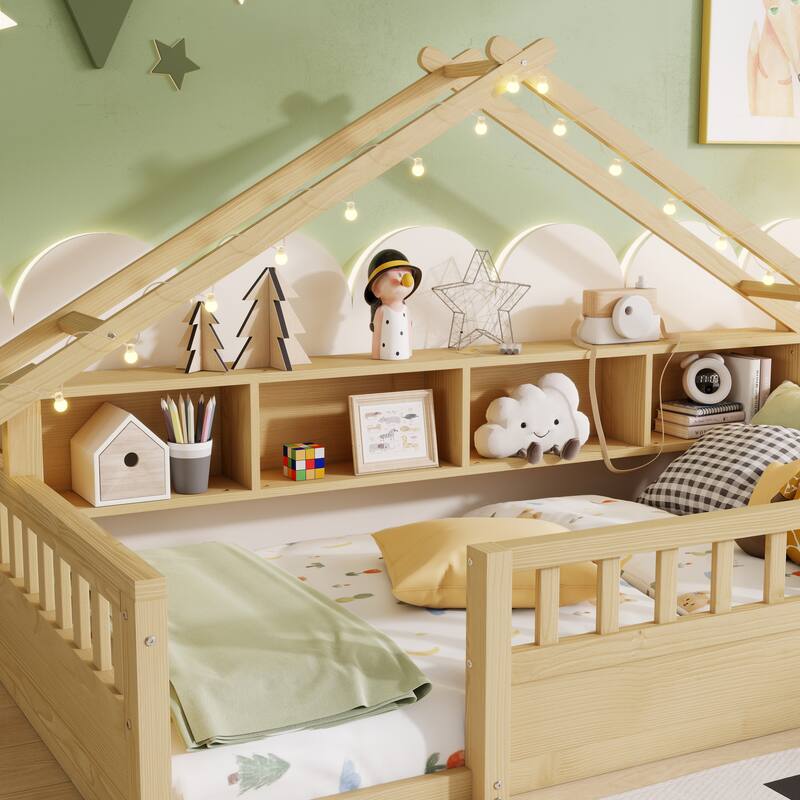 Twin/Full Floor Bed with Storage Bookshelves & Roof Shape for Kids