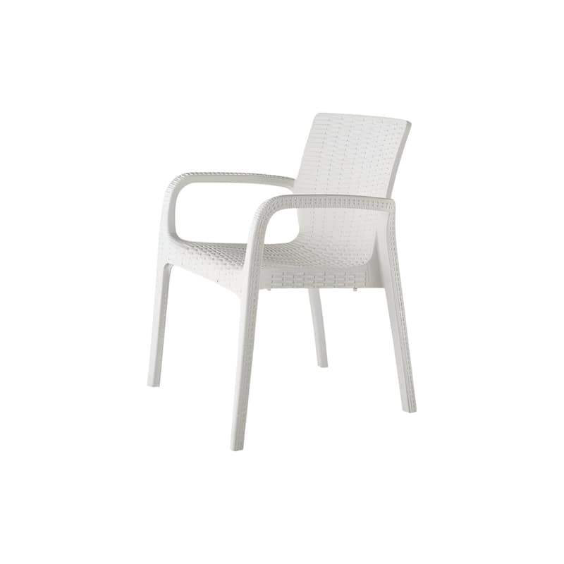HomeRoots Set of Two White Faux Rattan Heavy Duty Plastic Outdoor Stacking Arm Chairs