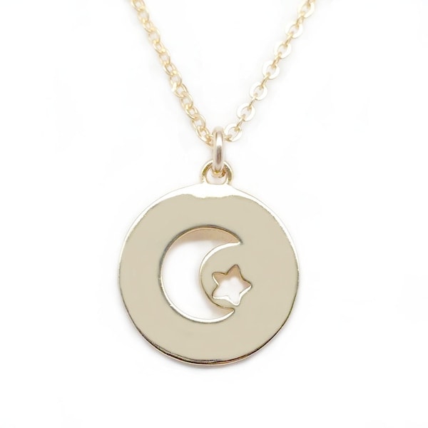 14K Gold Moon Cutout Disc Necklace by JEWLR
