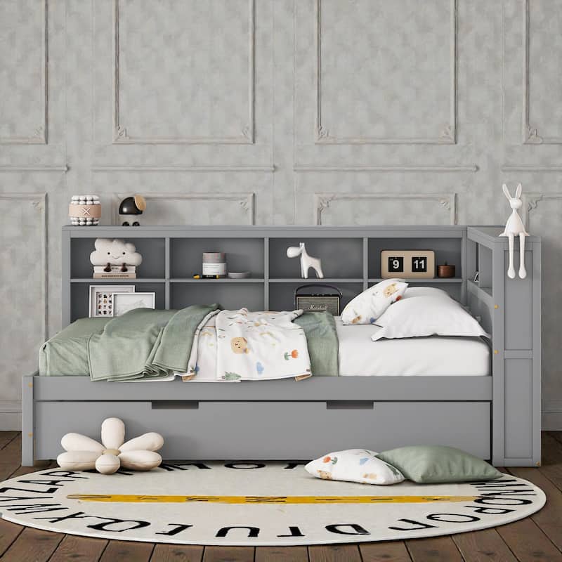 Twin/Full Wooden Daybed with Twin Trundle, Storage Shelf, USB Charging Ports, Slat Support, Space-Saving Design