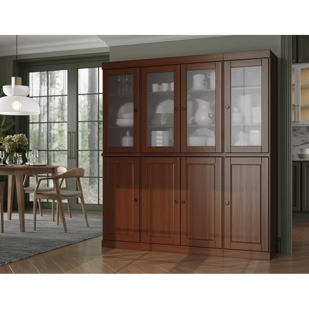 100% Solid Wood 65" Pantry China Cabinet with Solid, Frosted Glass Doors and Adjustable Shelves