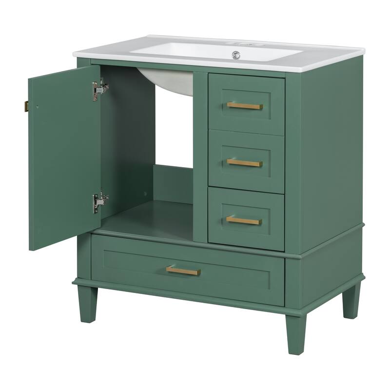 Single Sink Bathroom Vanity Cabinet, Vanity Base & Ceramic Sink Combo Set, 3 Drawers Bathroom Storage Cabinet, 30 Inch