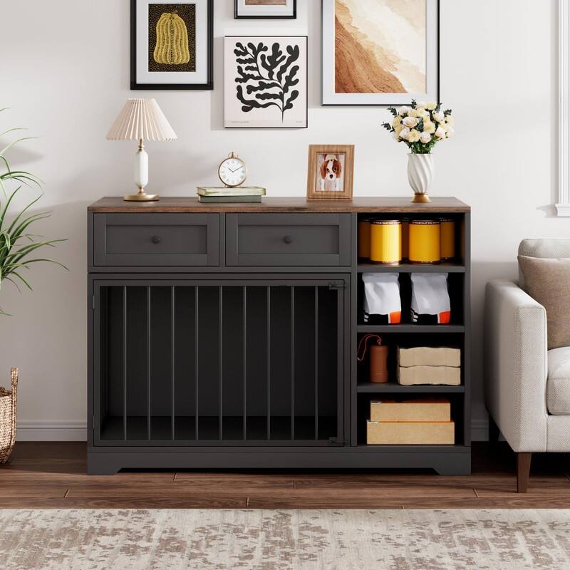 Wooden Dog Cage Furniture Indoor Crate Kennel TV Stand with Drawers Shelves