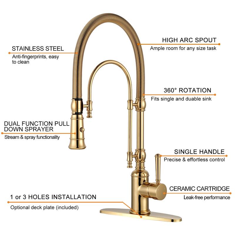 WOWOW Single Handle Gooseneck Pull Down Sprayer Kitchen Faucet