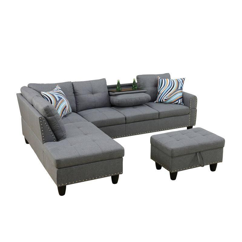 Modular Living Room Sectional with Storage Ottoman and Flip-Top Console, Black or Gray