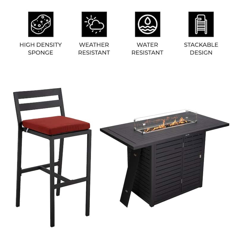 7-Piece Outdoor Patio Bar Height Dining Set in Aluminum with Rectangular Fire Pit Table and 6 Barstool