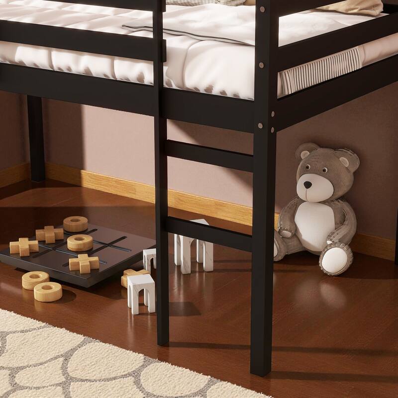 Solid Wood Twin Loft Bed with Ladder, Rubber Wood Frame Low Height Design with Guard Rails and Storage Space
