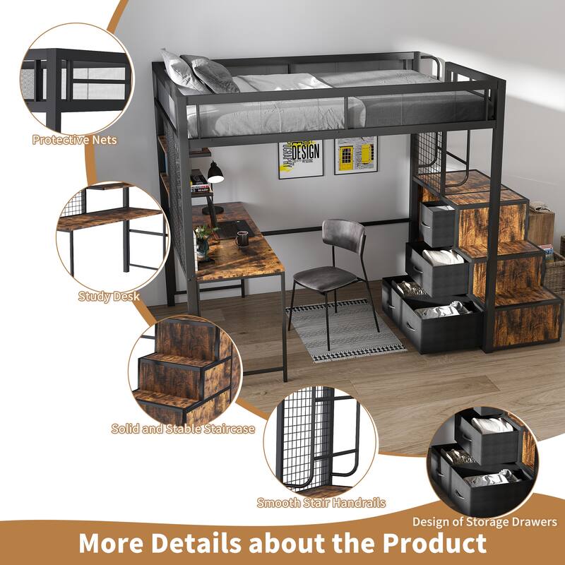 Full Loft Bed with Desk, USB Charging, Storage Drawers & Staircase - Space-Saving Black Design for Adults/Teens