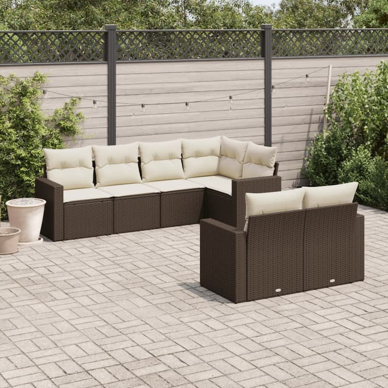vidaXL Patio Sofa Set with Cushions Outdoor Furniture 7 Piece Poly Rattan - 24.4 x 25.8 x 27.2 - Brown and cream