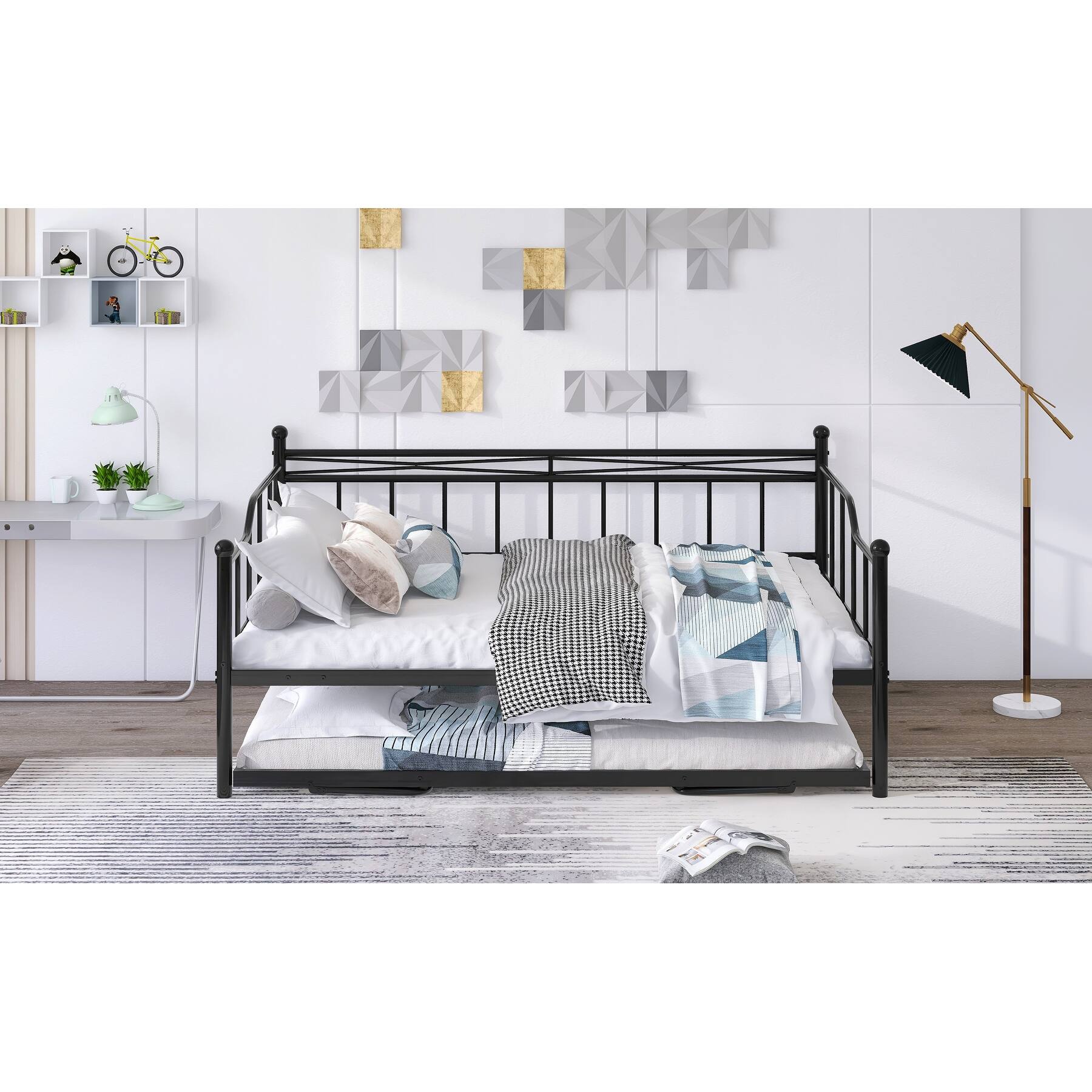 Full Size Metal Daybed with Twin Size Adjustable Trundle, Portable