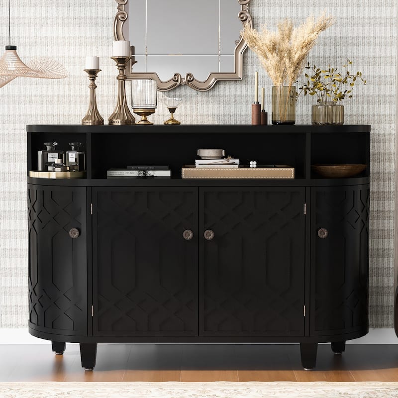 4 Door Curved Entryway Cabinets with Adjustable Shelves & fir Wood Legs, Display Case with Open Storage Rack & Metal Handle - Black