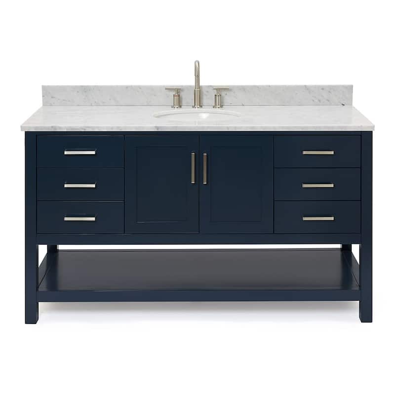 Ariel S061SCW2OVO Magnolia 60" Free Standing Single Basin Vanity Set - Midnight Blue / Carrara White Top - Painted