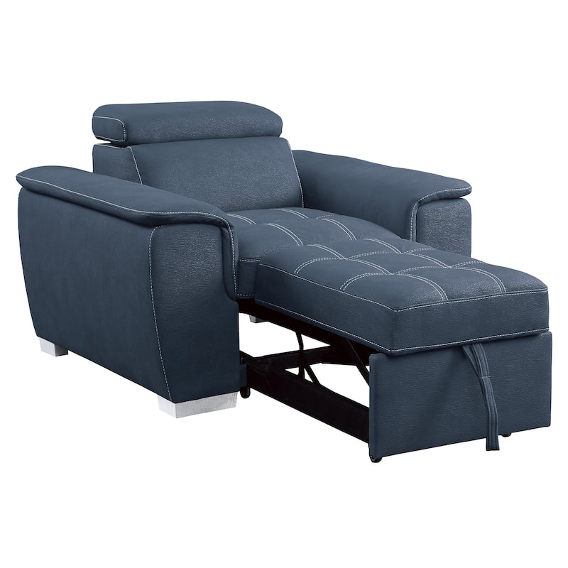 Rida 45 Inch Chair, Pull Out Ottoman, Adjustable Headrest, Solid Wood, Blue