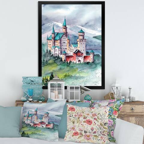 Designart "Castle With Blue Roof In The Mountains Covered" Vintage Framed Art Print