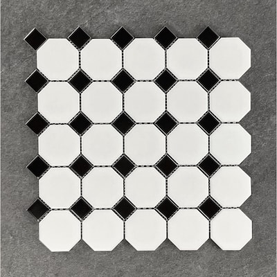 Porcelain Mosaic Tiles - White Octagon with Black Dot Mosaic Tiles - Case (10 Sheets)