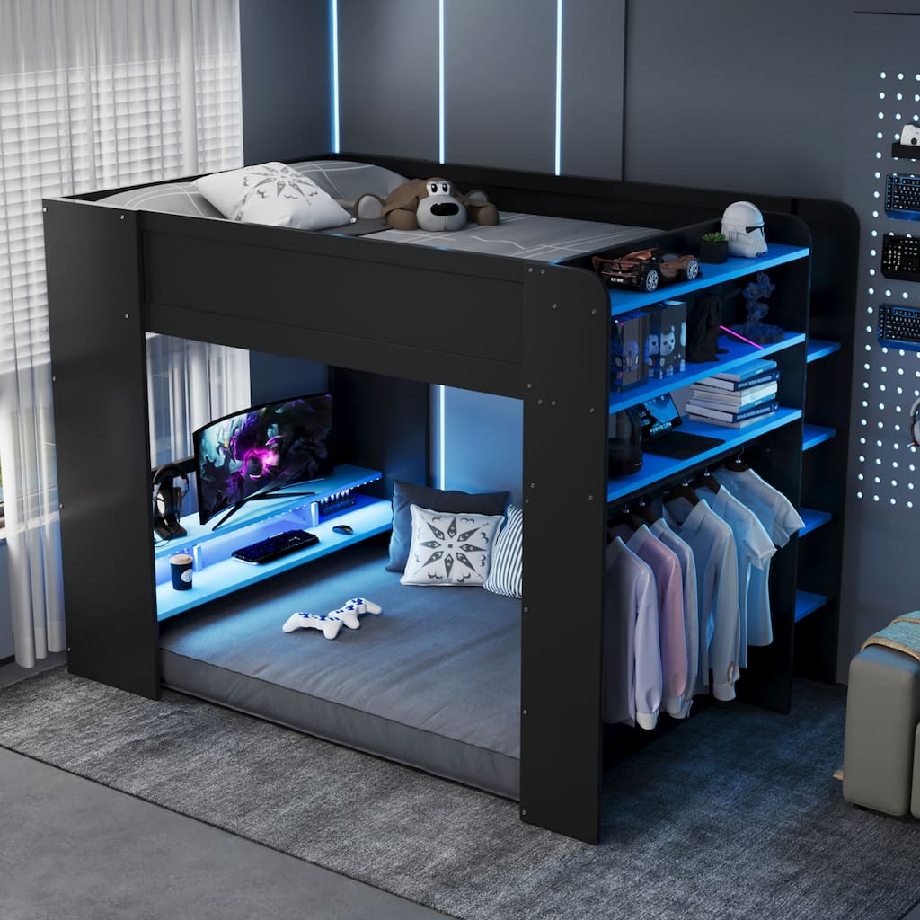 Full Size High Loft Bed, LED Loftbed Frame with Height Adjustable Desk, Wooden Storage Loft Bed with Wardrobe and Shelves