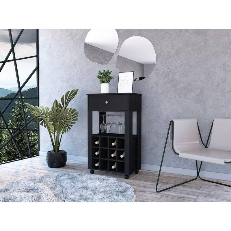 Anmytek Mobile Wine Bar Cart Rolling Wine Cabinet Matte Black Modern Bar Cart for Living Room Dining Room - Black