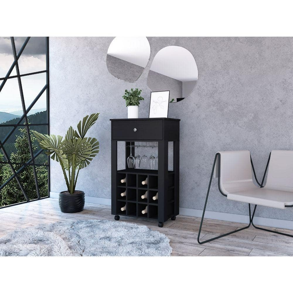 Anmytek Mobile Wine Bar Cart Rolling Wine Cabinet Matte Black Modern Bar Cart for Living Room Dining Room