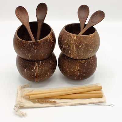 Elyon Large Coconut Shell Bowl Handmade Dinnerware and Flatware Set