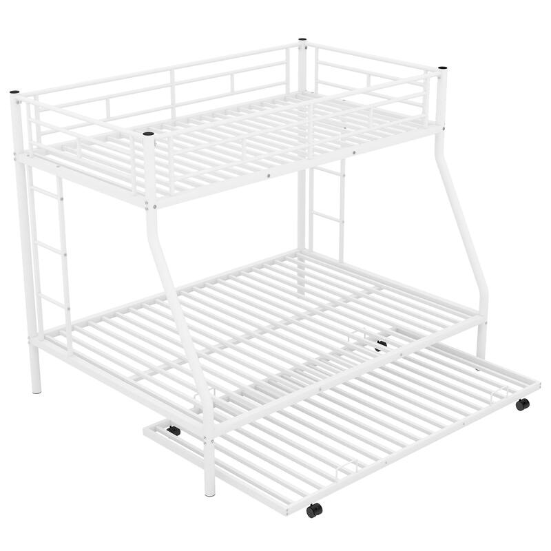 Twin over Full Bunk Bed with Trundle, Two-Side Ladders, White