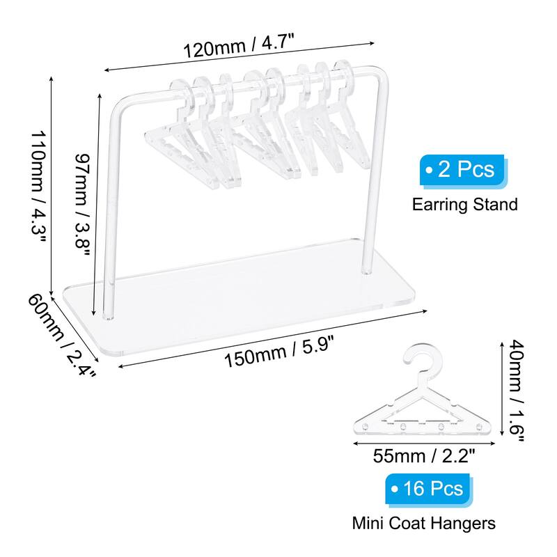 2 Set Earring Holder 16 Coat Hangers, Acrylic Earring Organizer Stand - Transparent