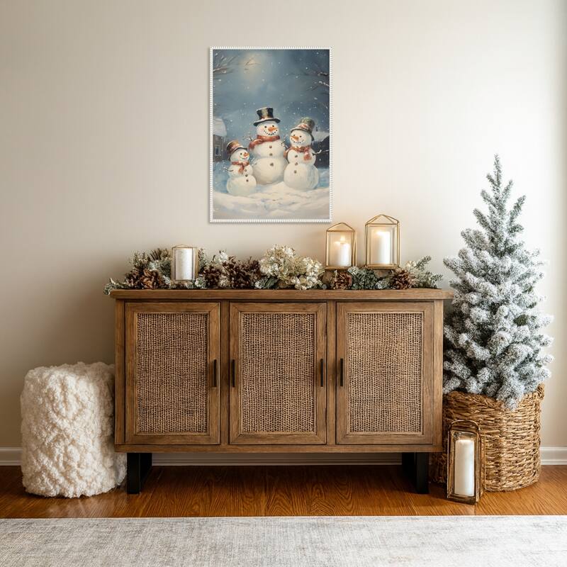 Snowman Family by Melloi Art Prints (23 x 33 in.), Framed Canvas Wall Art Print - Sylvie Beaded White