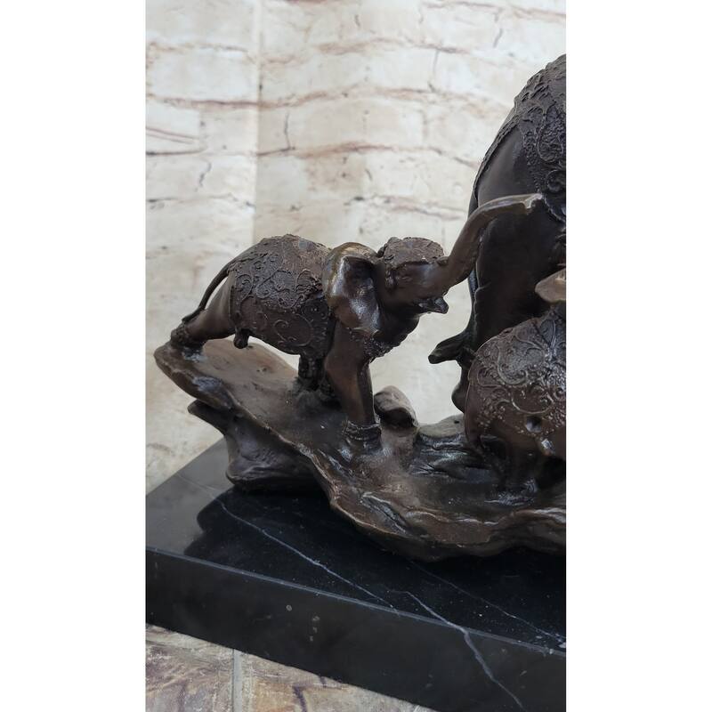 Signed Bologna Indian Mother Elephant And Calves Bronze Sculpture Home Decor Art