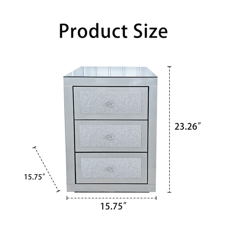 3-Drawer Mirrored Nightstand Bedside Table Glass Accent End Table Silver