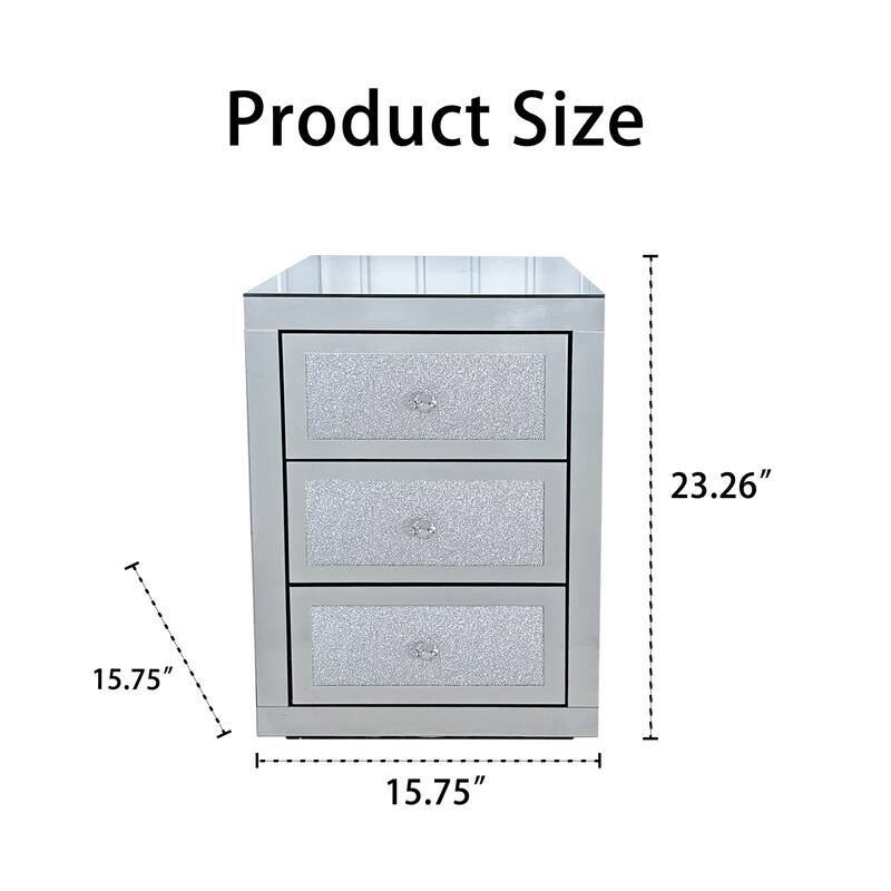 3-Drawer Mirrored Nightstand with Glitter Accents, Crystal Knobs & Silent Glide Drawers for Bedroom or Living Room