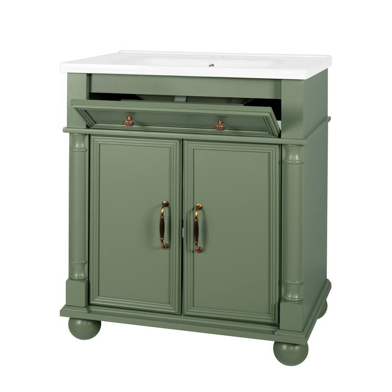 27.8-Inch Mid-Century Bathroom Vanity Sink with Roman Column Base, Farmhouse Freestanding Storage Cabinet