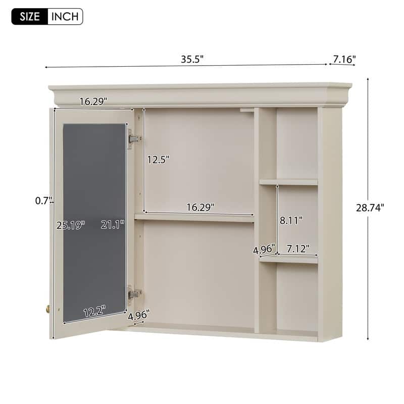 35" x 28" Wall Mounted Bathroom Cabinet with Mirror Door, 6 Open Shelves