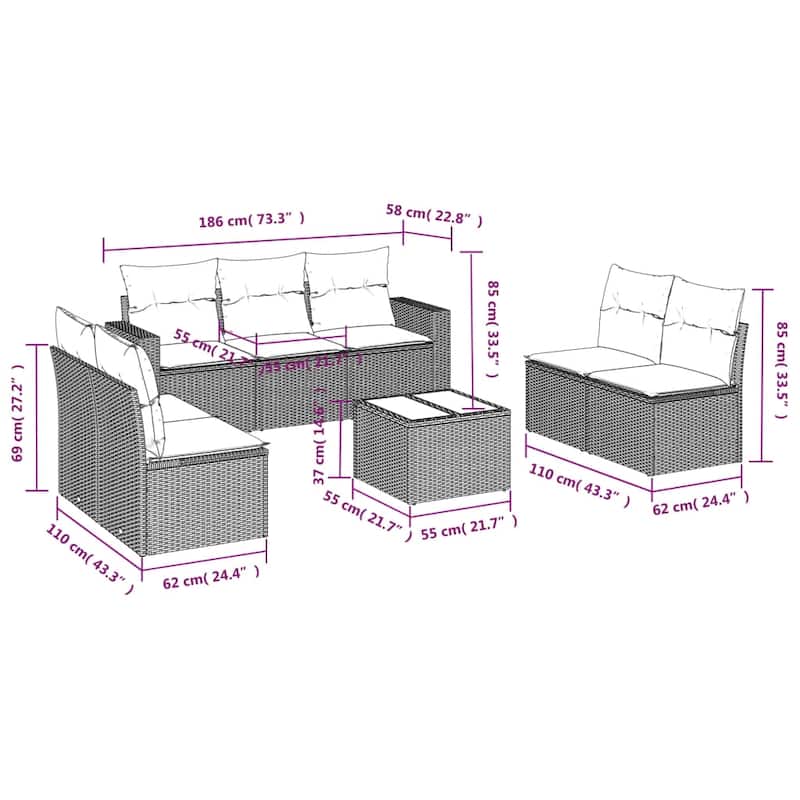 vidaXL Garden Sofa Set Beige PE rattan, powder-coated steel, tempered glass - 21.7 x 21.7 x 14.6