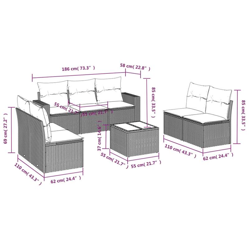 vidaXL Patio Sofa Set with Cushions Outdoor Conversation Furniture Poly Rattan - 25.8" x 24.4" x 27.2"