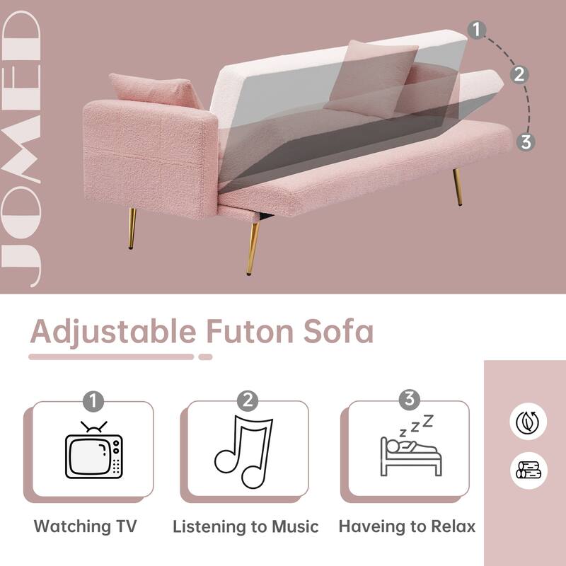 71" Modern Teddy Velvet Sofa Bed Folding Couch with Two Throw Pillows for Living Room