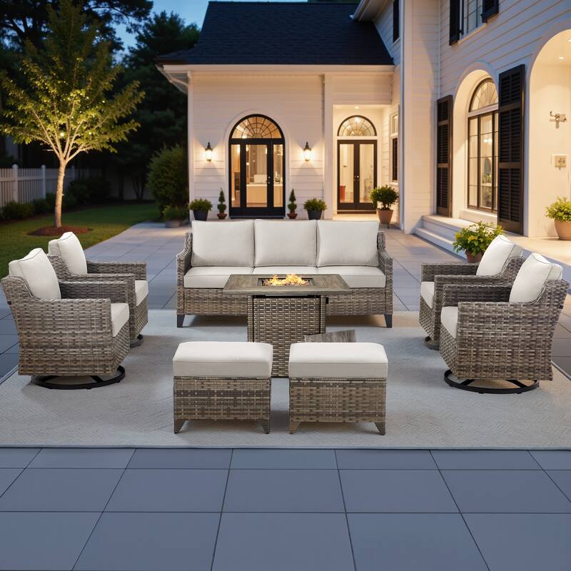 Pocassy 8-Piece Fire Table w/ Sofa Swivel Chair Ottoman - Beige Cushion Gray Wicker - 8-Piece Fire Table w/ Sofa Swivel Chair Ottoman