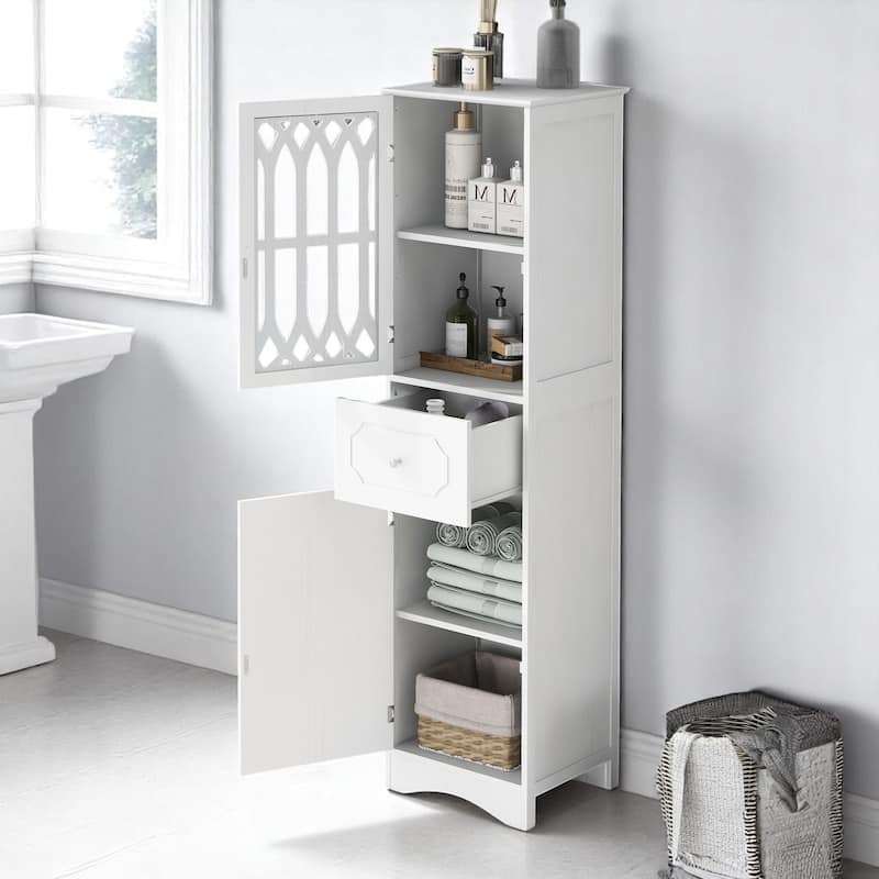 Freestanding Bathroom Storage Cabinet with 2 Doors and Drawer, Adjustable Shelf, Acrylic Panel, MDF Frame