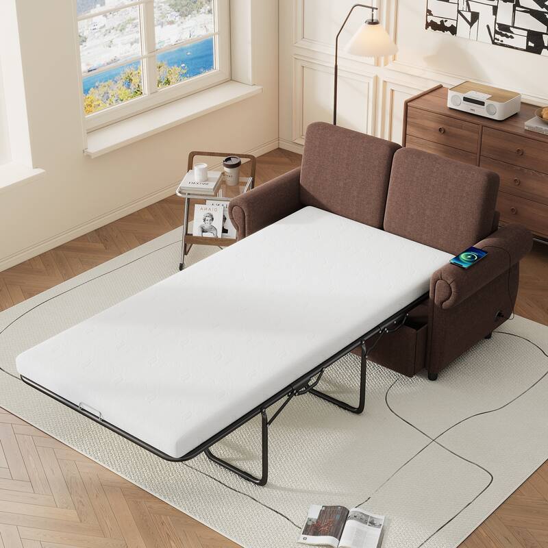 Pull Out Loveseat Sofa Convertible Sleeper Love Seat Bed with Mattress and 2 USB Ports Tufted Couch Round 2-seat Armchair - Brown