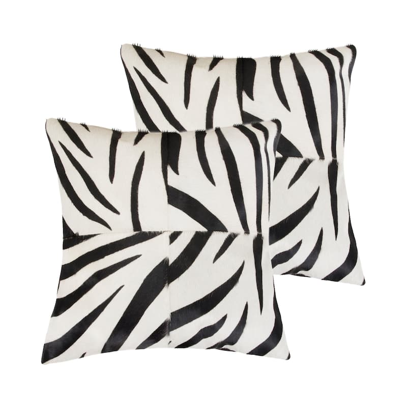 Set of Two 18" White and Black Zebra Cowhide Throw Pillows