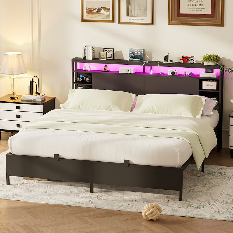 Bed Frame with Charging Station and RGB LED Lights, Sturdy Platform Bed with Storage Headboard,