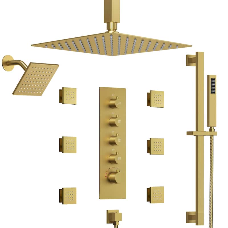 Thermostatic Rainfall Shower System with Handheld Spray, 16" & 6" Dual Shower Head and 6 Body Jets