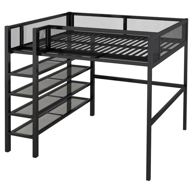 HomeRoots Black Platform Metal Full Double Loft Bed With Shelves