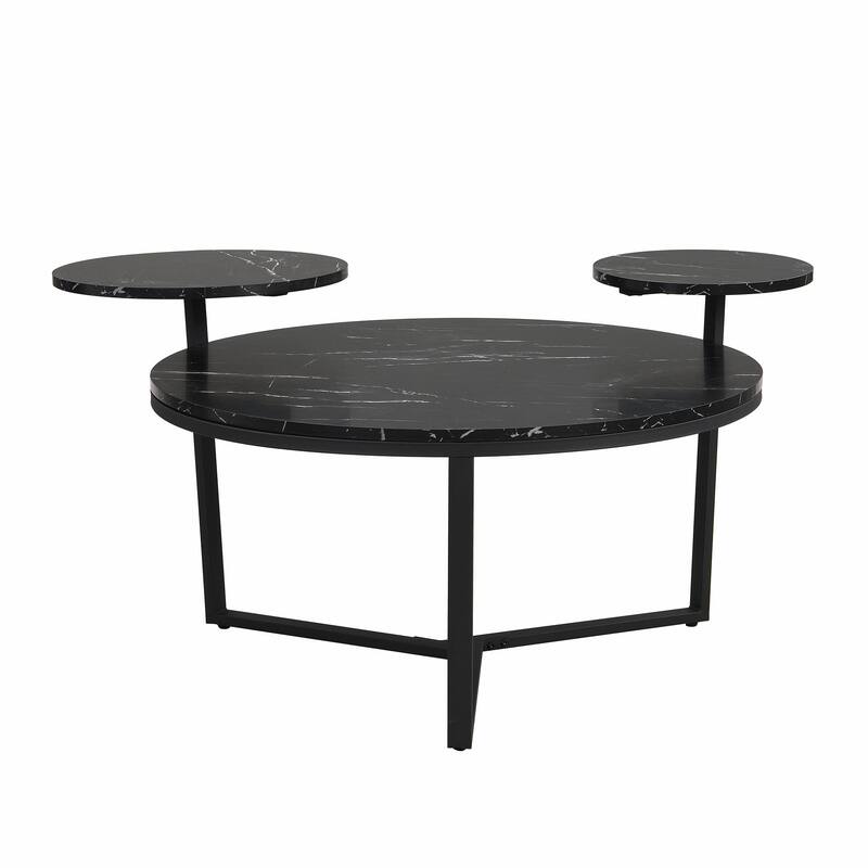 Modern Coffee Table with 2 Display Shelves, Tripod Base, Rounded Edges