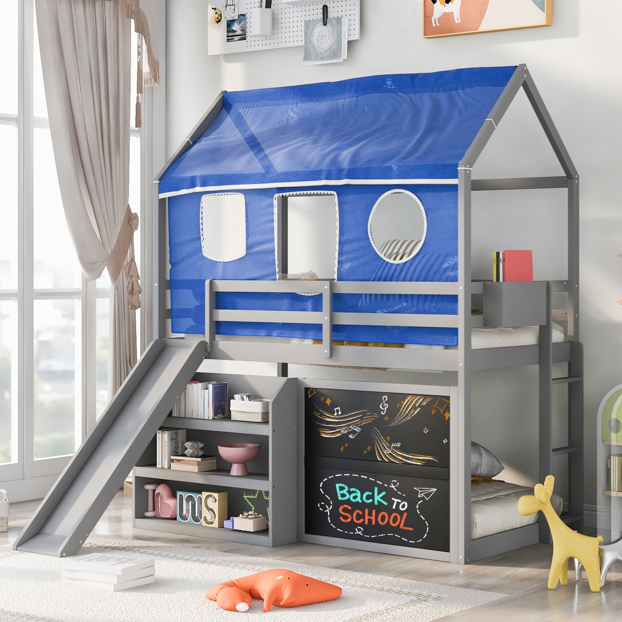 Bunk bed with slide and tent clearance