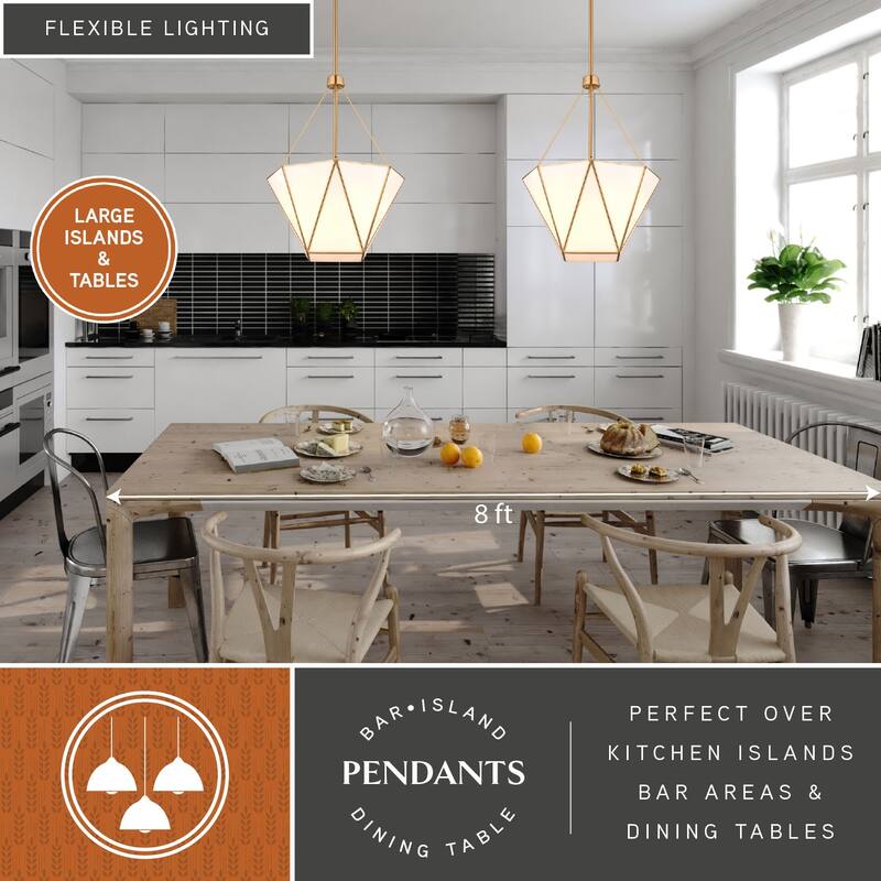 Burnett 3-Light Brass Mid-Century Modern Pendant, White Glass Shade, Adj Height Ceiling Chandelier Dining Room Fixture