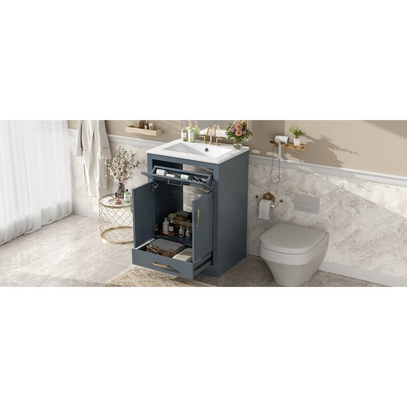 Roomfitters 24 Inch Bathroom Vanity with Integrated Ceramic Sink, Storage Cabinet & Tilt-Down Compartment