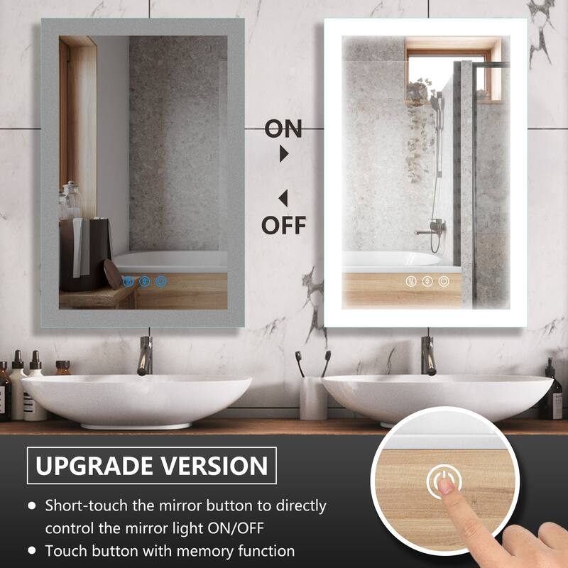 LED Bathroom Vanity Mirror Wall Mounted Dimmable Anti-Fog Mirror with 3 Buttons Vertical & Horizontal Hang