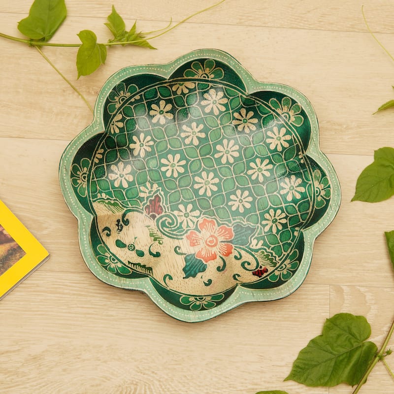 Novica Handmade Spring Jasmine Batik Wood Decorative Plate